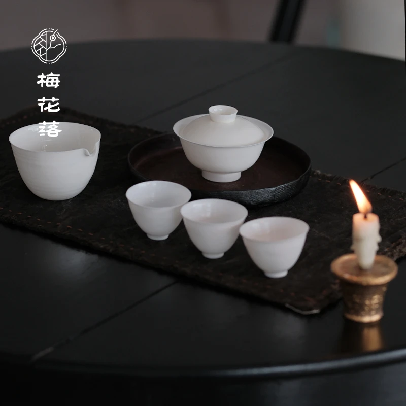 梅花落一折山手仿古薄胎白瓷铃主人杯手拓盖碗公道杯超薄不烫手
