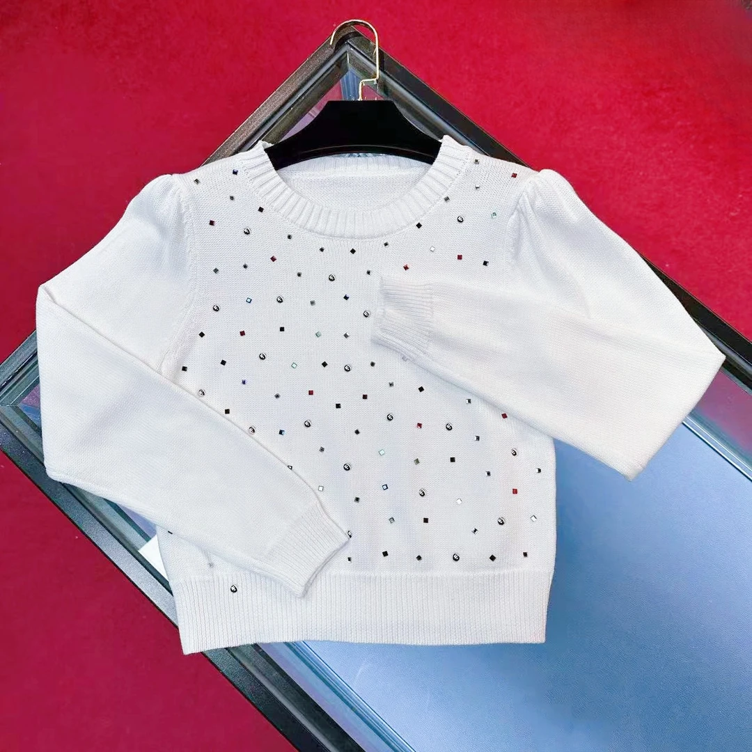 4540秋冬新款小众设计毛衣女长袖打底衫时尚烫钻百搭