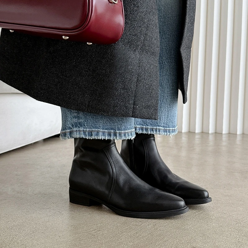 34-40码|3cm低跟|黑/棕|陈摸鱼尖头粗跟复古侧拉链百搭秋冬短靴女