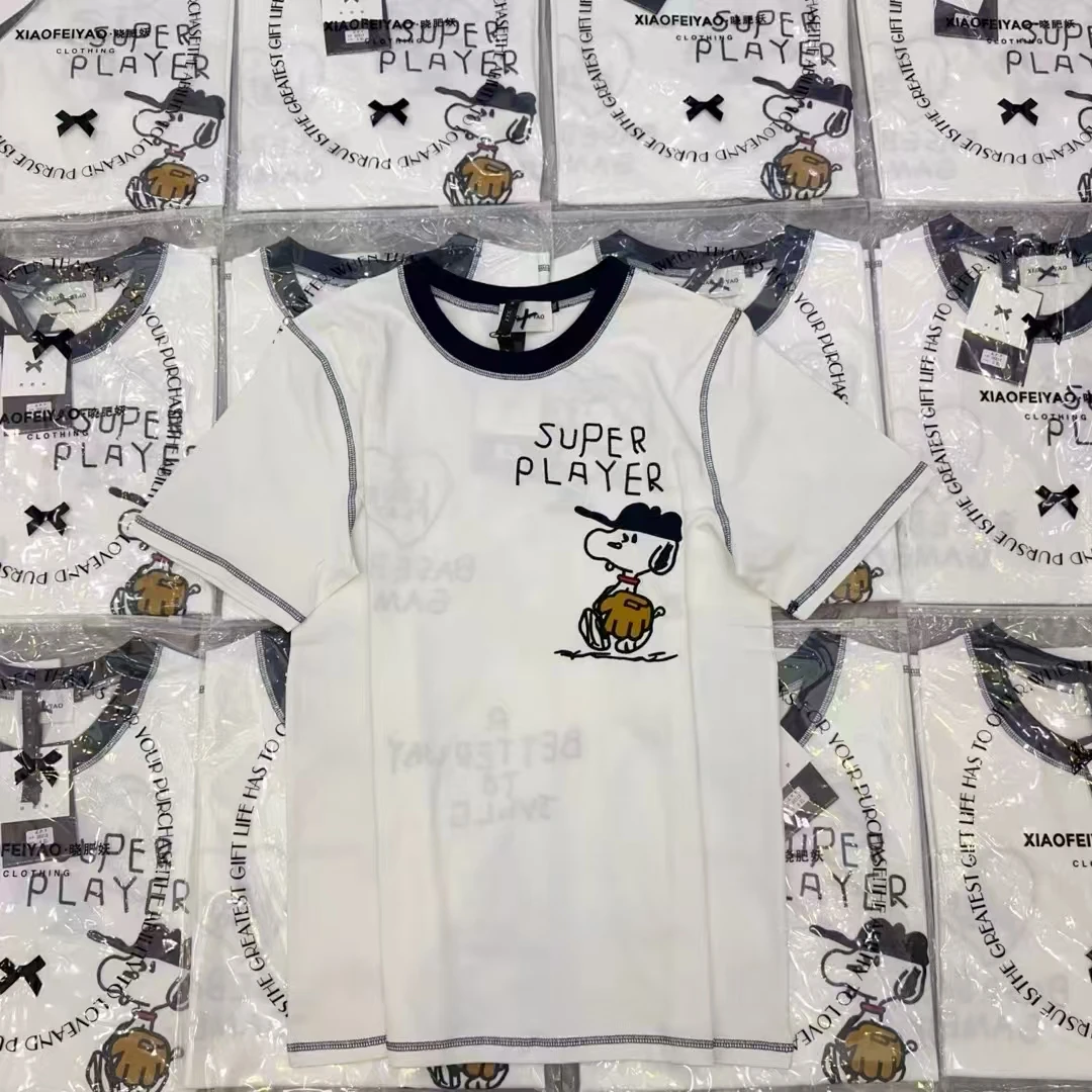 夏季新款大码圆领正肩中长款宽松版刺绣史努比半袖体恤25212女士