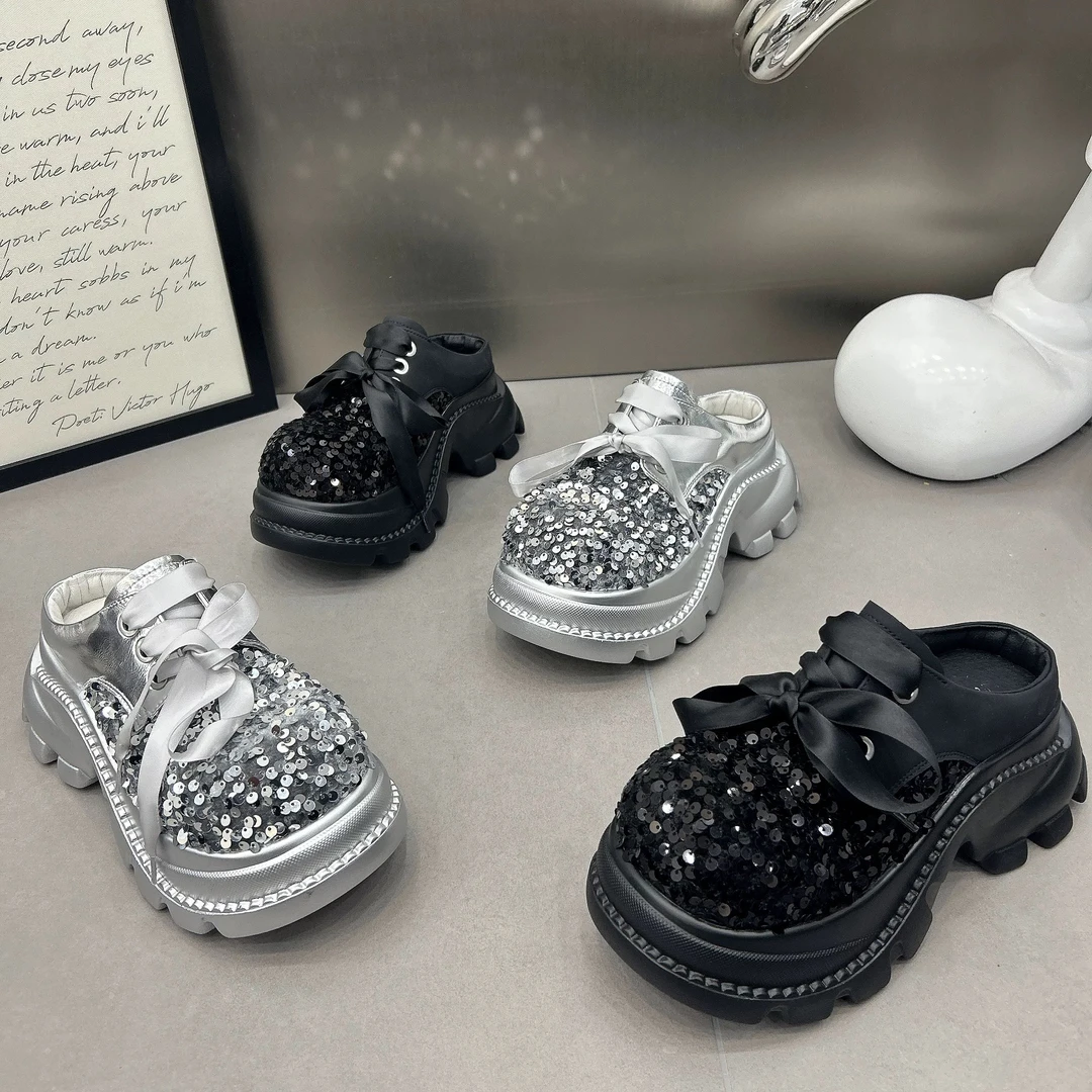 包头半拖鞋大头稠飘带拖厚底增高亮片外穿休闲一脚蹬半拖9998-6圣