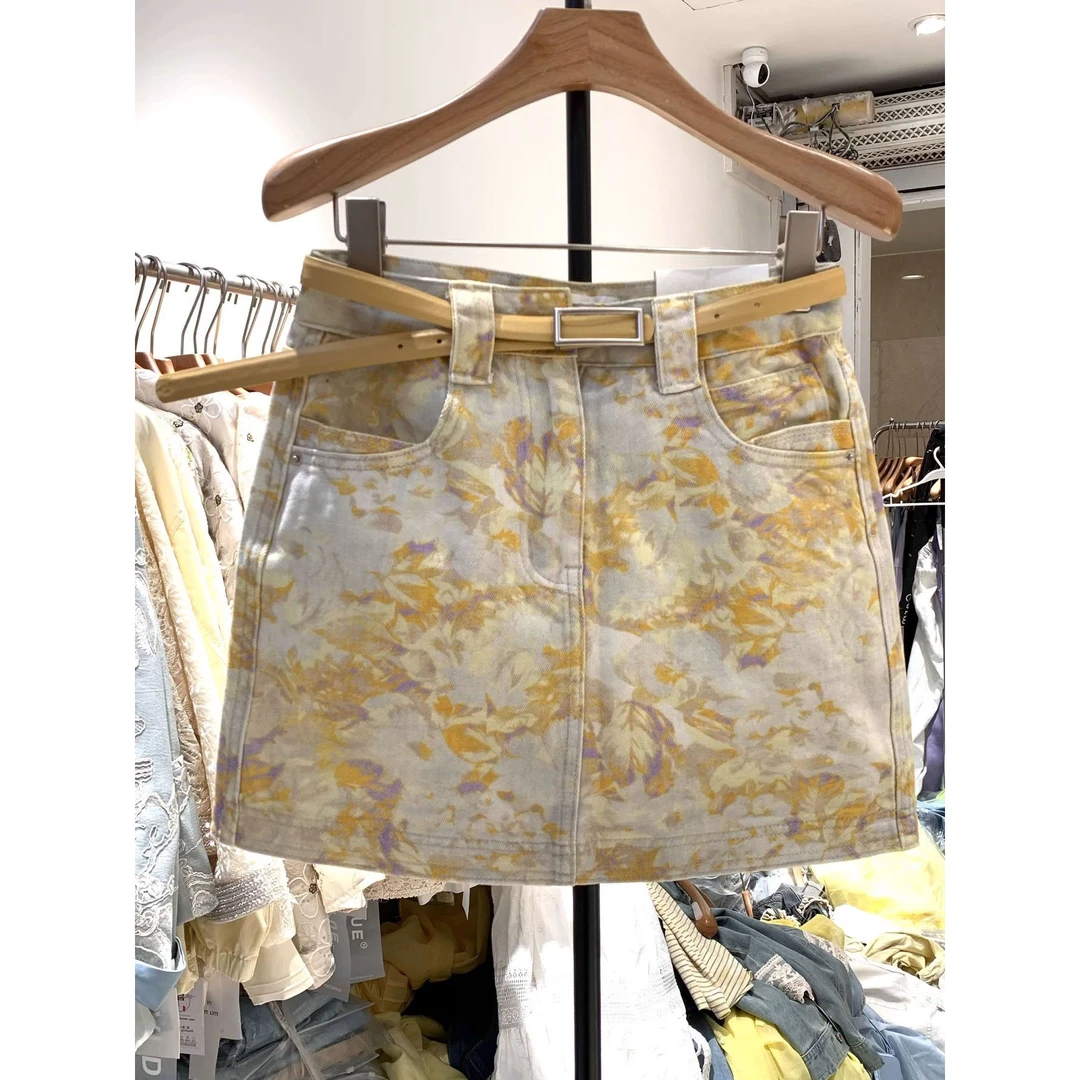 微胖mm美式扎染半身裙女夏季新款防走光设计感百搭A字牛仔短裙潮