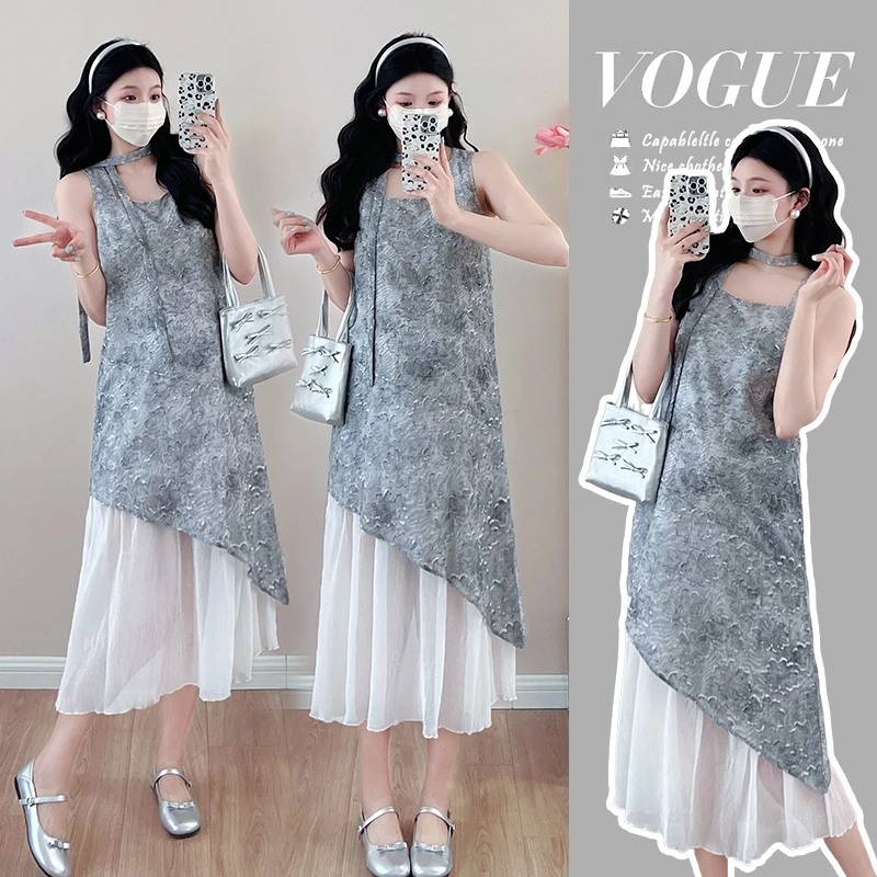 时髦孕妇装新款夏季孕妇提花炒色拼接吊带显瘦气质洋气时尚连衣裙