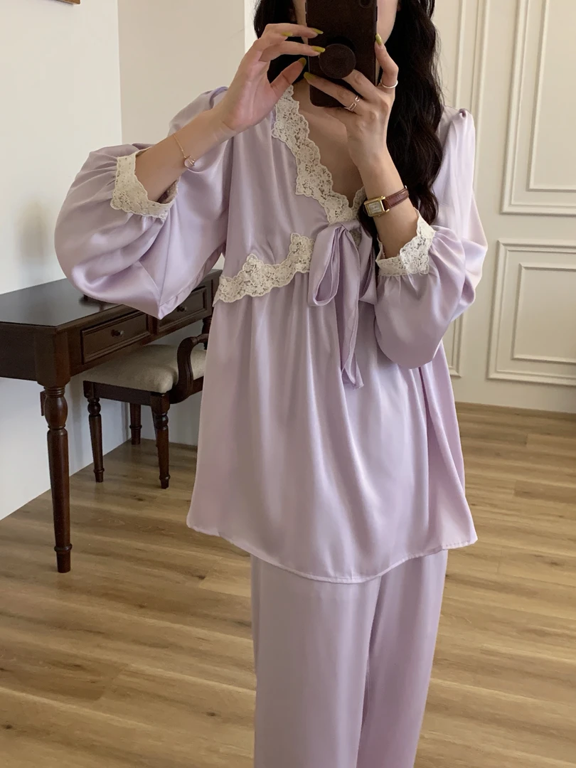 韩系春夏款甜美蕾丝V领蝴蝶结睡衣家居服套