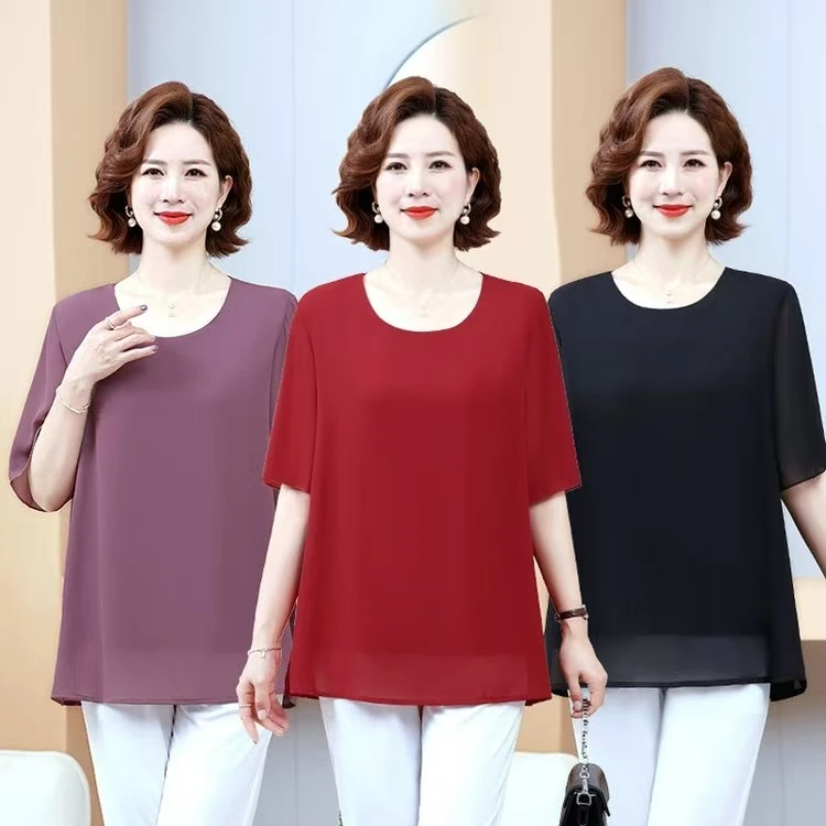 气质大码洋气夏季宽松小衫中袖妈妈装显瘦时尚百搭纯色圆领