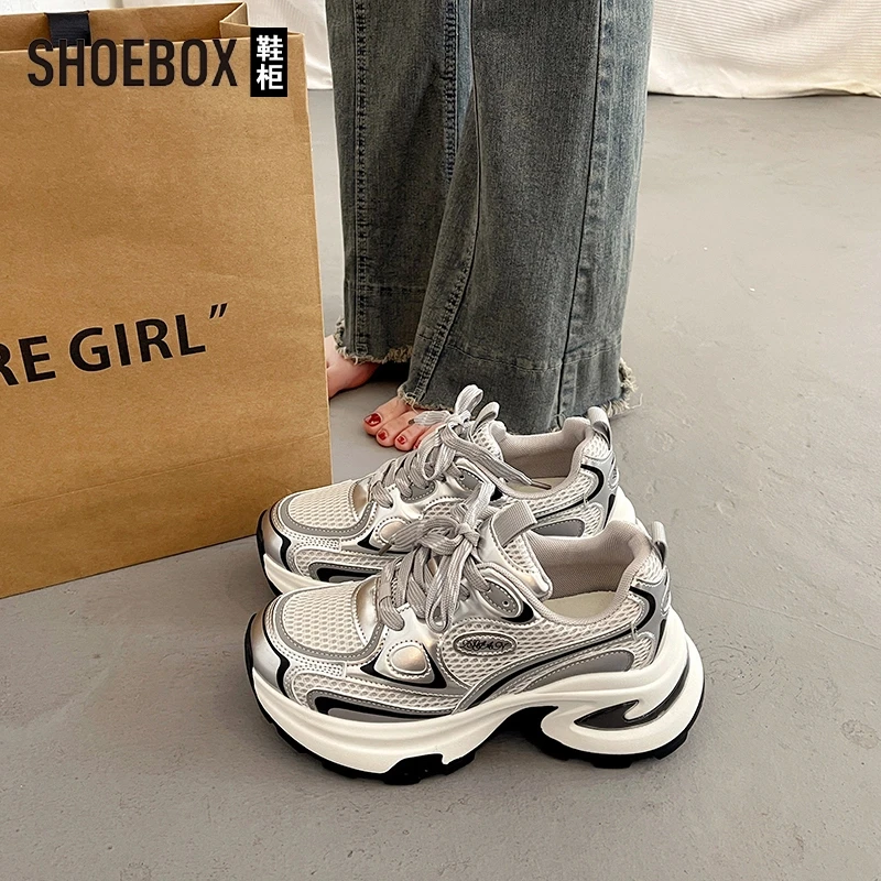 SHOEBOX爆款百搭厚底老爹鞋女2025春季新款欧货运动休闲鞋
