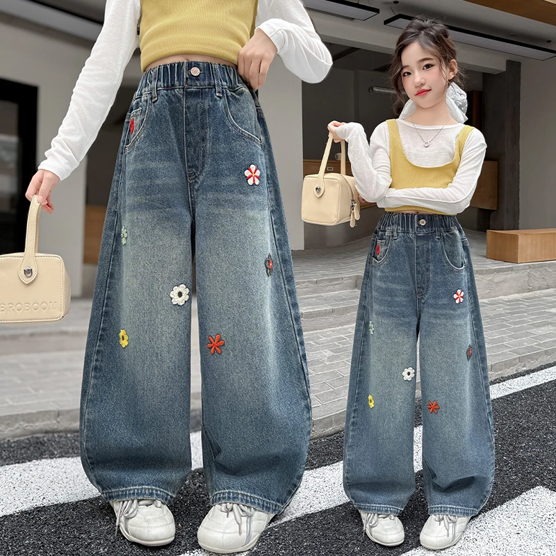 女童弯刀牛仔裤秋季2025新款儿童绣花阔腿裤女大童秋装裤子初中生