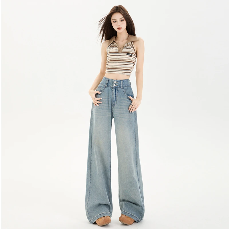 早秋新款牛仔裤女年薄款棉垂感阔腿宽松怀旧水洗直筒裤
