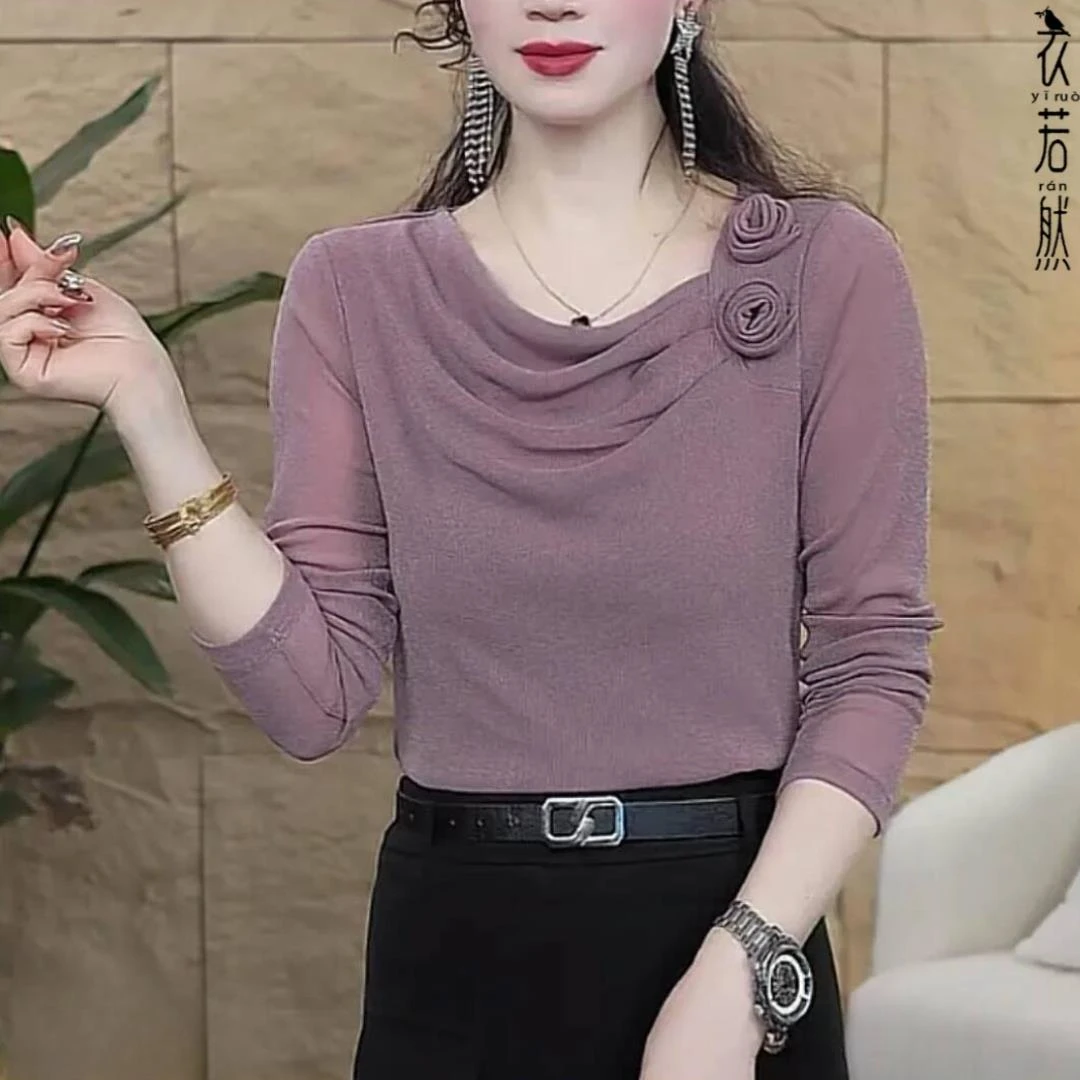 妈妈春季打底衫女堆堆领玫瑰花网纱小衫时尚弹力减龄长袖洋气上衣