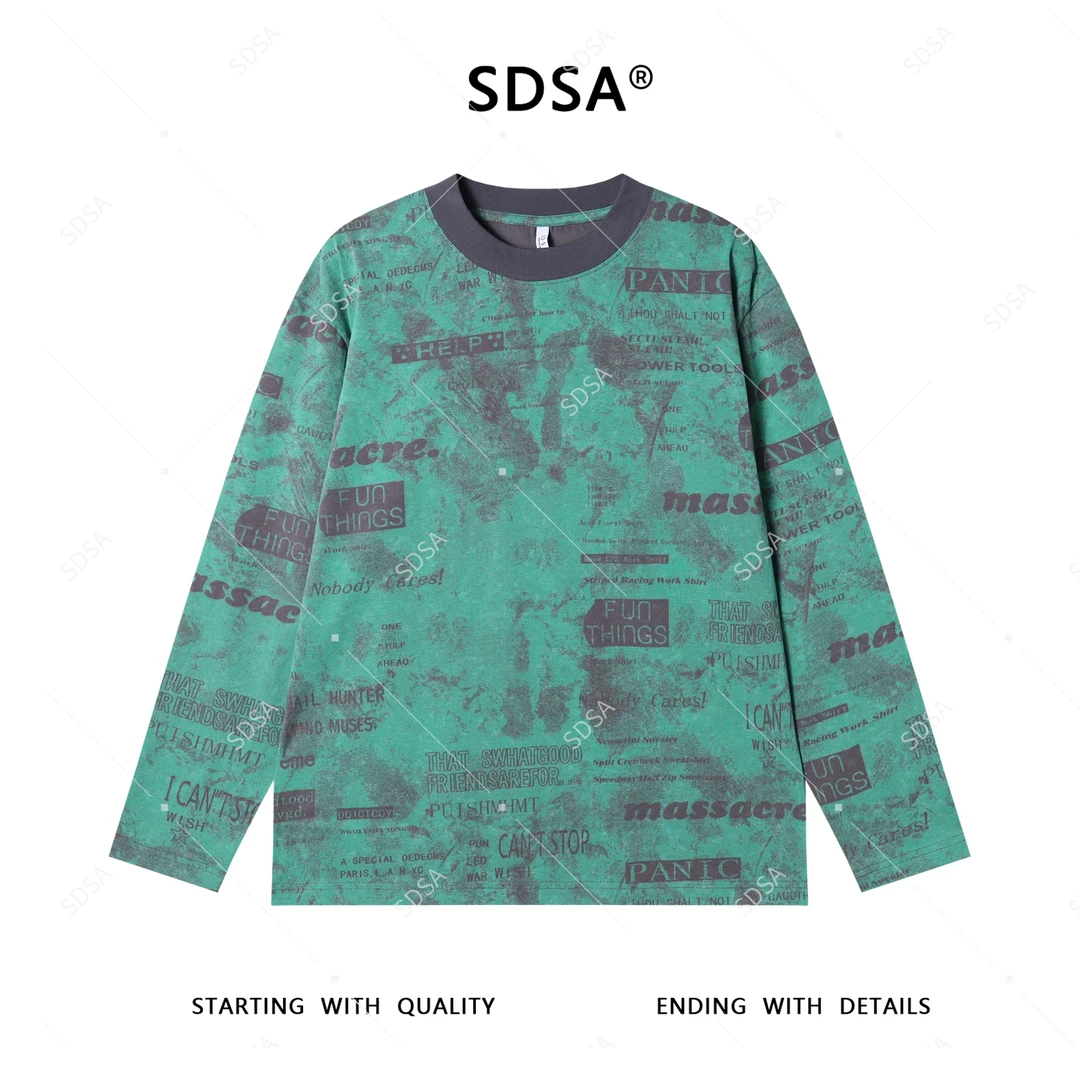 SDSA男士2025新款轻奢痞帅男装撞色满印字母设计圆领长袖T恤潮牌