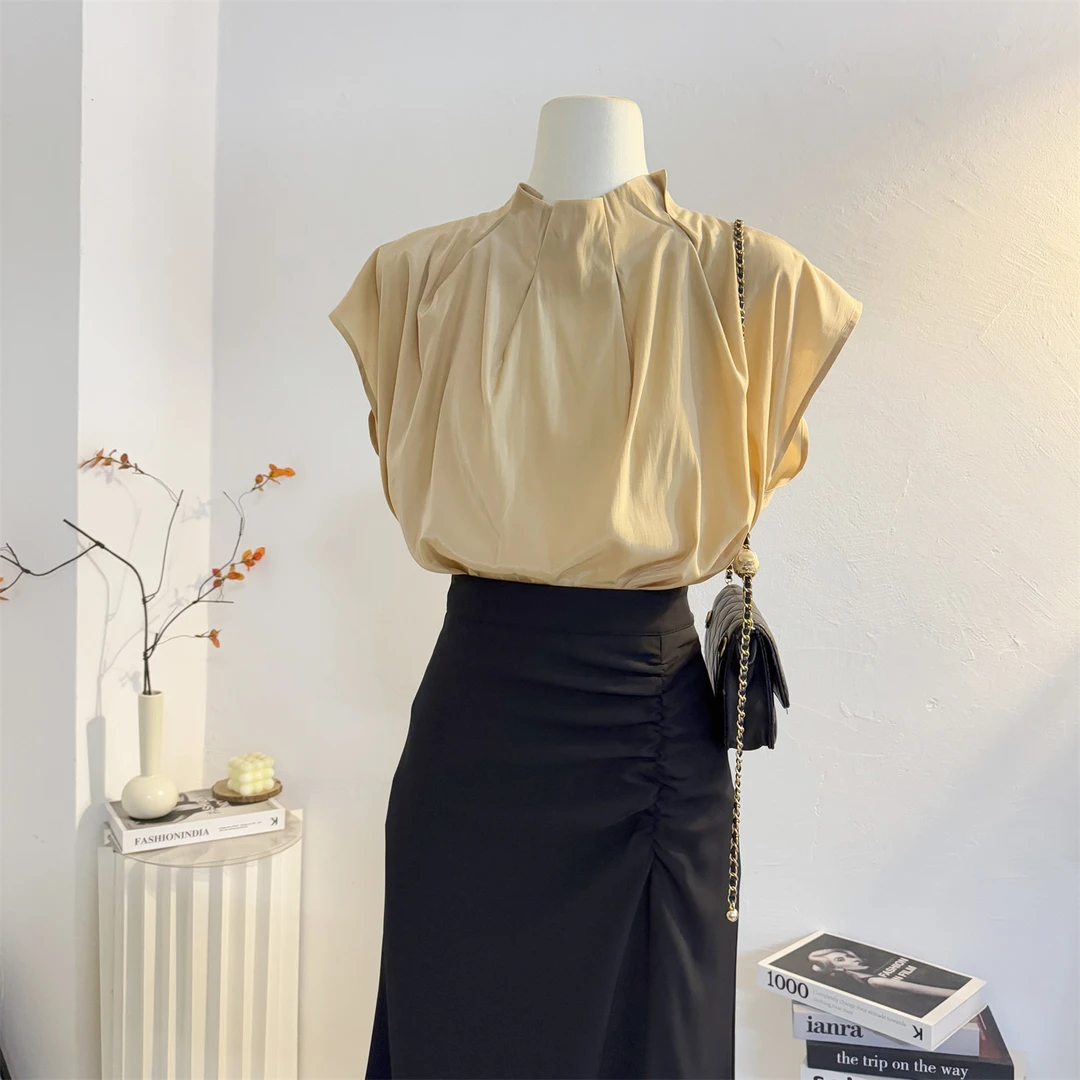 压褶法式立领短袖衬衫女2025夏新款设计感小众气质仿天丝小衫上衣