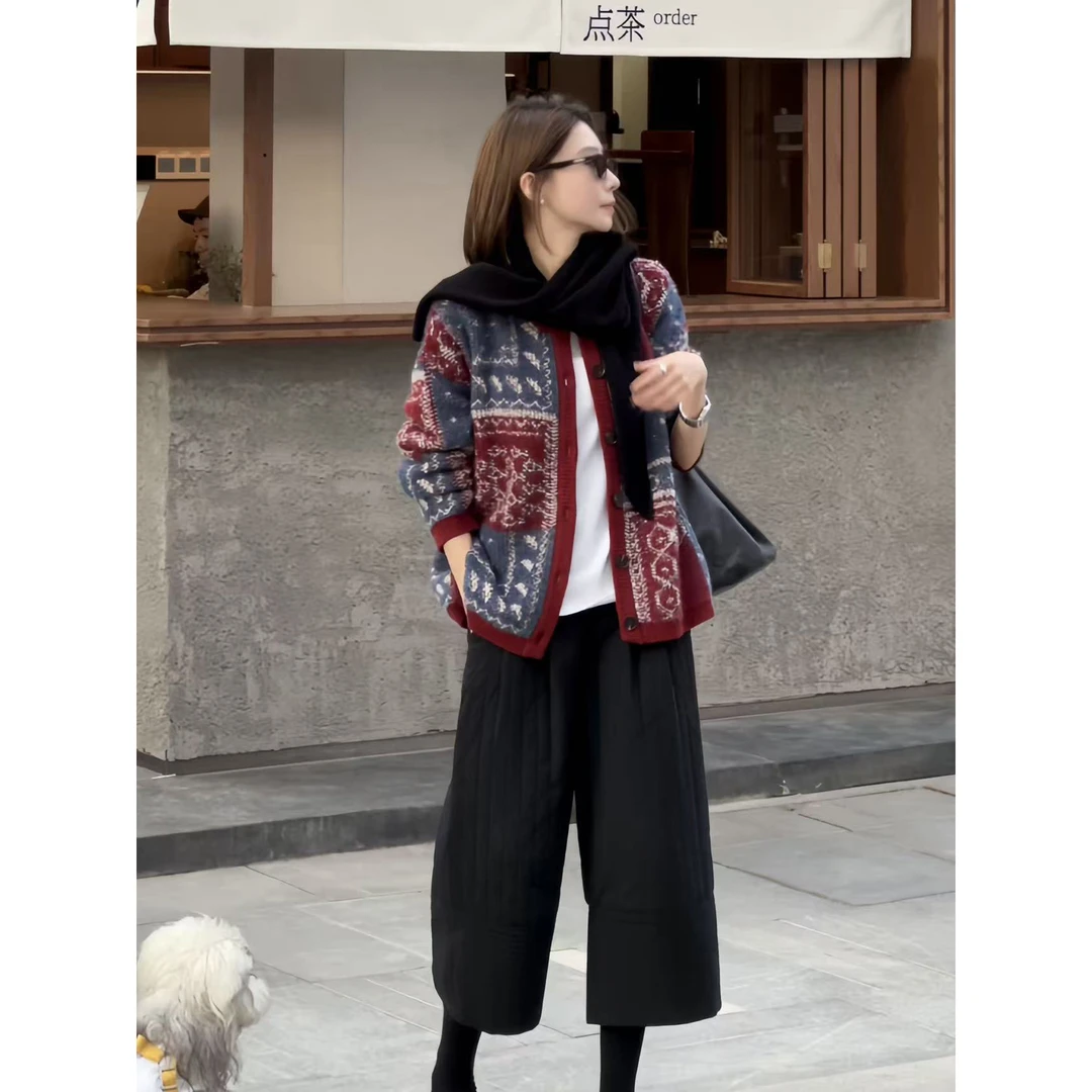 【老板周】复古风格 秋冬新款圆领撞色提花圣诞毛衣开衫外套