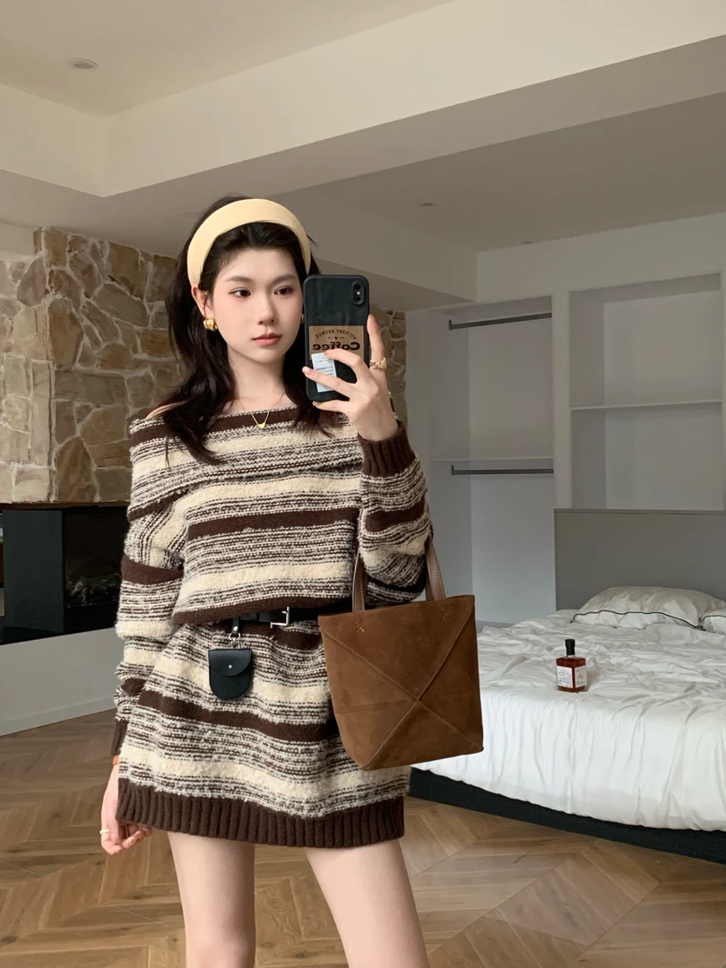 【送腰带】复古撞色软糯针织条纹毛衣连衣裙夏季2025年法式慵懒