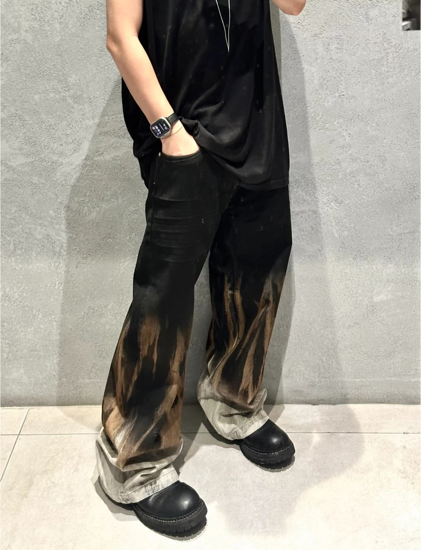 【后劲原样开发】R+24fw火焰微喇黑牛牛仔裤美式复古潮流高街扎染