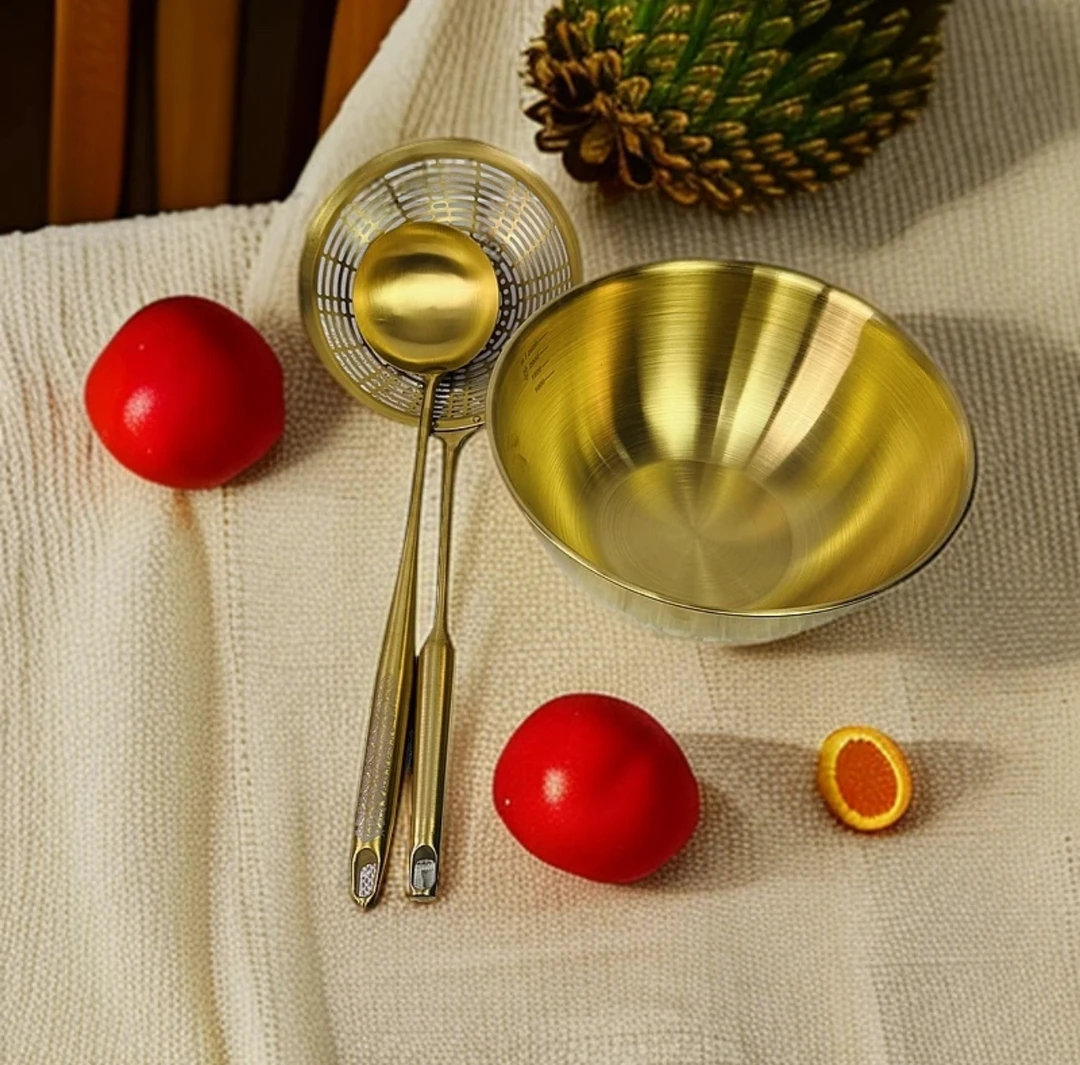 新款德国304不锈钢套装漏勺汤勺家用厨房全套厨具防烫金色捞面盆