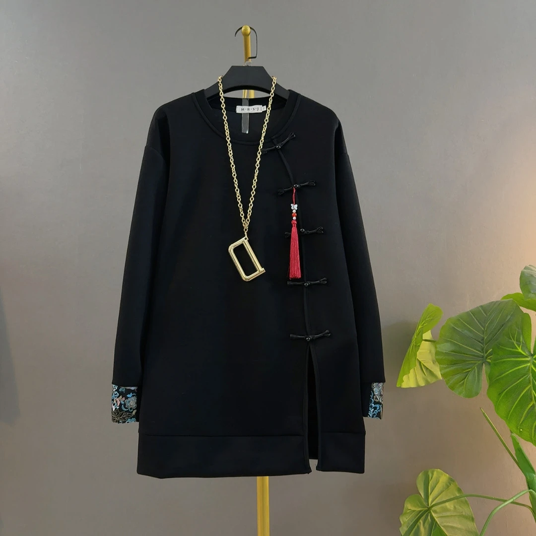 新款国风新中式圆领盘扣开叉流苏宽松苹果型身材大码女中长款上衣