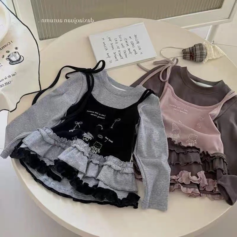 女童长袖T恤春秋款百搭印花洋气假两件打底衫女宝宝韩式时髦上衣