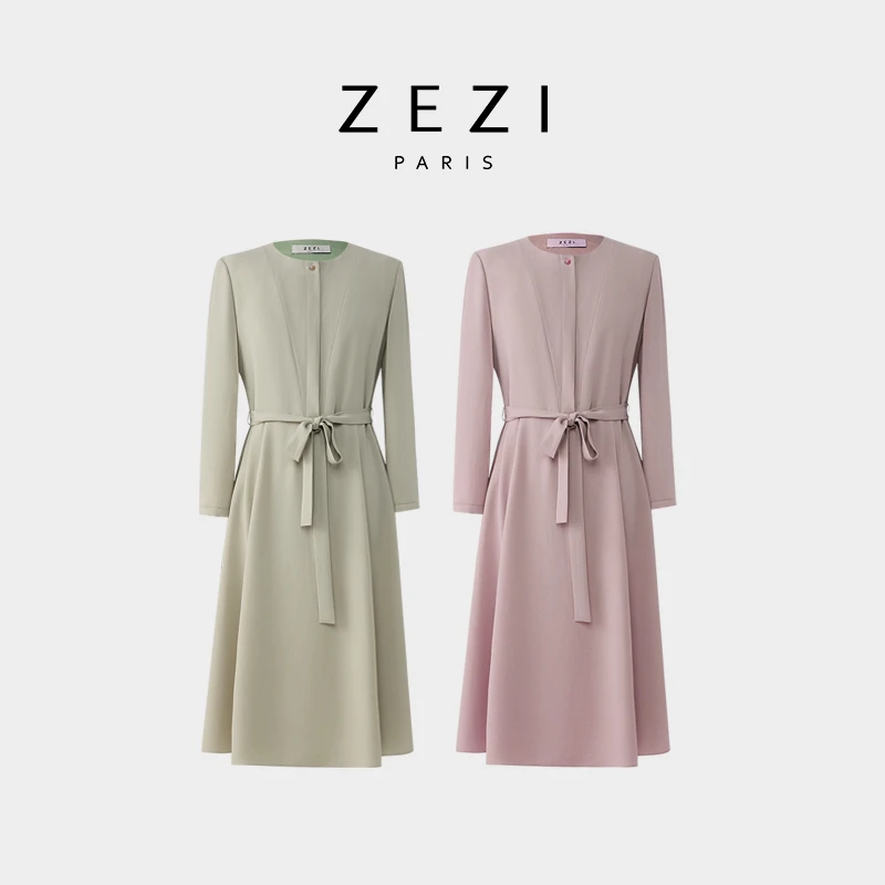 ZEZI【可可专属】【海风裙】日本进口三醋酸连衣裙圆领腰带裙中长款