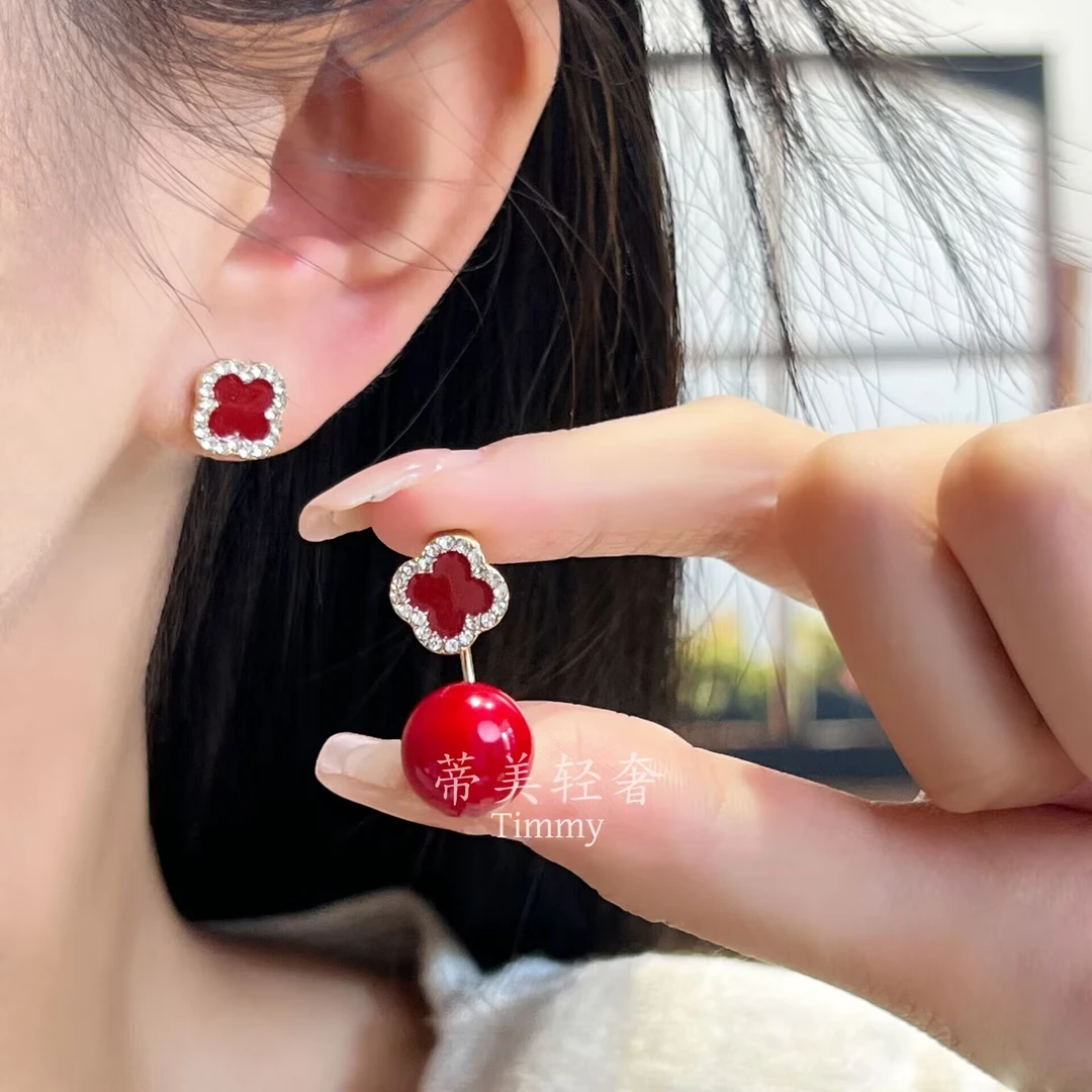 铁合金贝壳耳饰 红色四叶珠精致两戴耳饰 商务/OL女耳钉百搭耳环