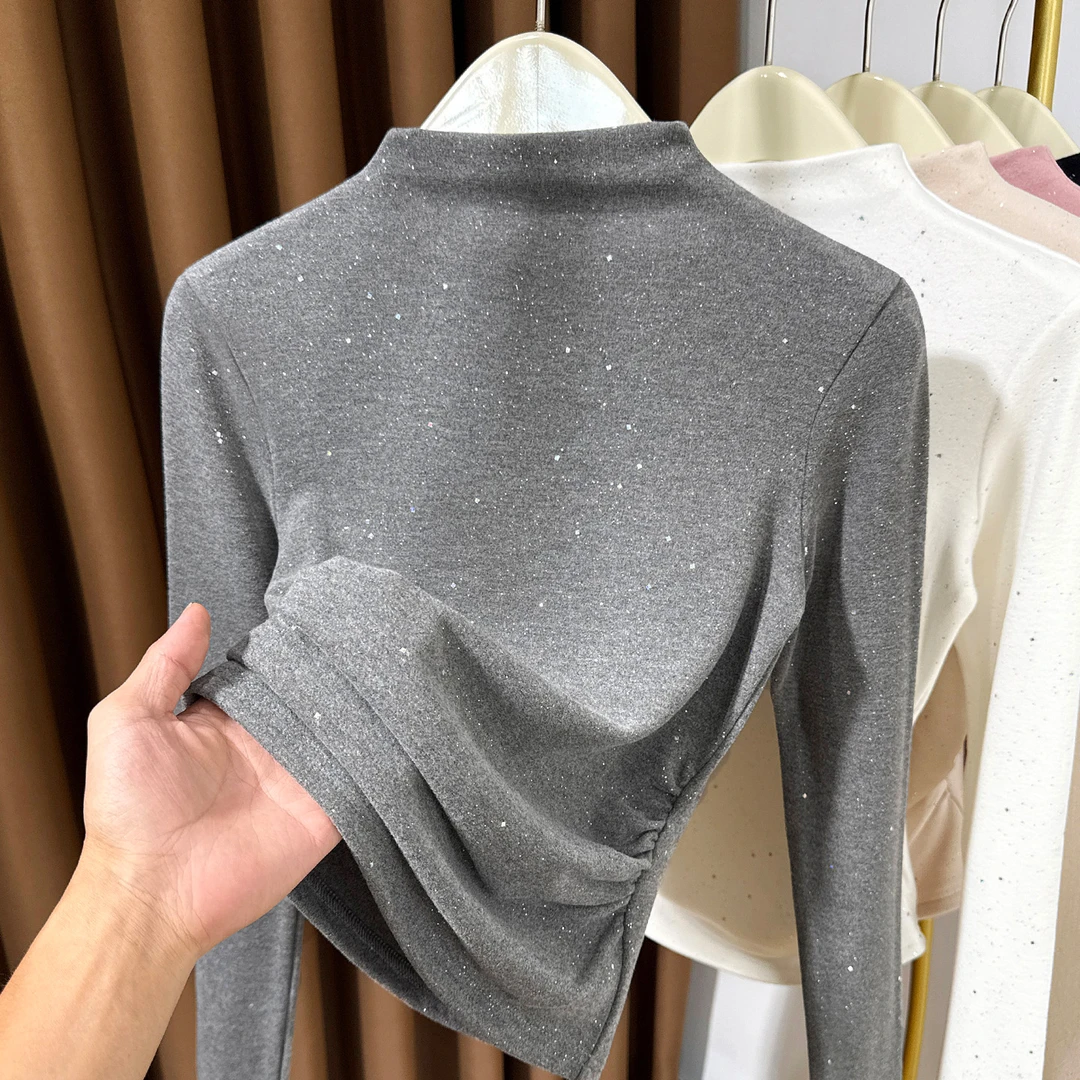 半高领亮片德绒长袖女秋冬褶皱软糯洋气内搭小衫高级感打底衫上衣