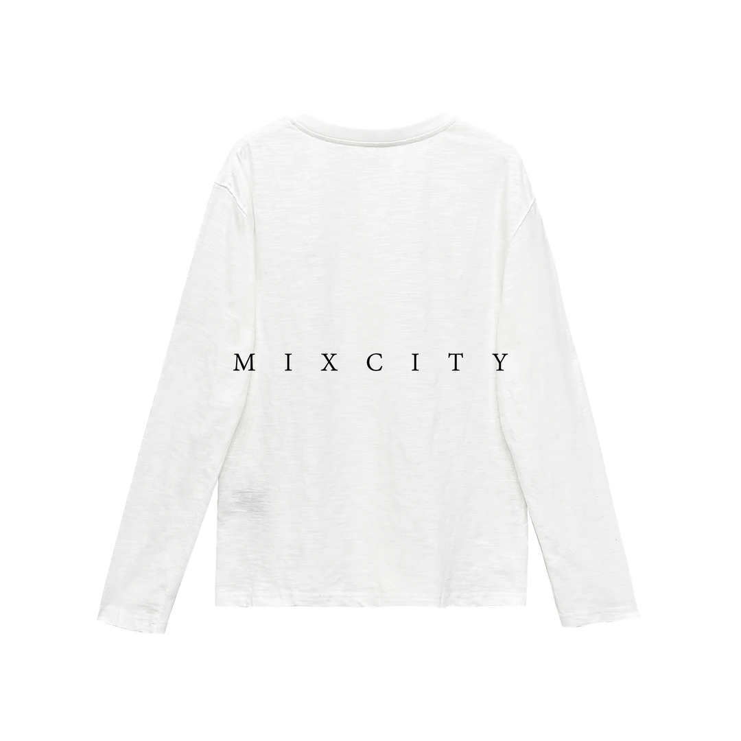 【亚楠本楠】白栀◆时尚简约纯棉绣标圆领长袖T恤6768