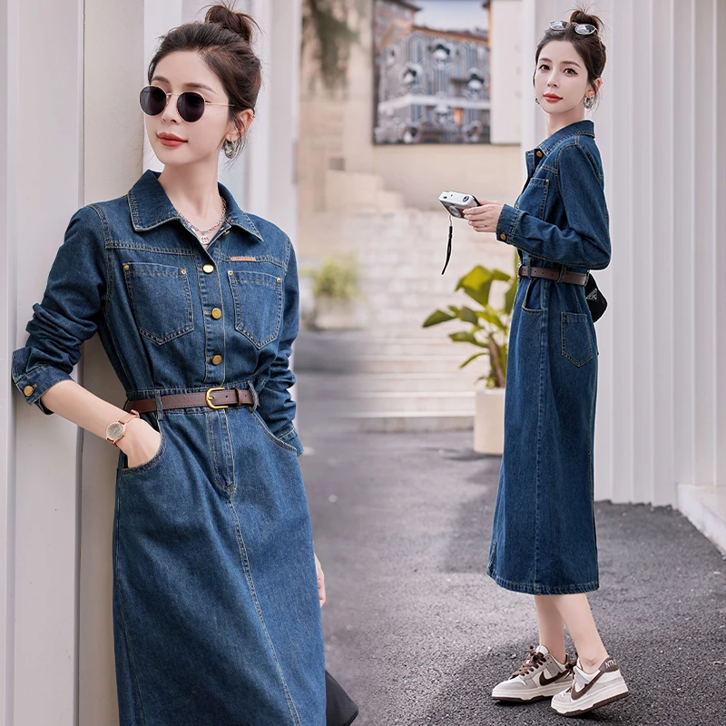 复古港风牛仔连衣裙女2025春秋新款修身收腰显瘦中长款衬衫裙长袖