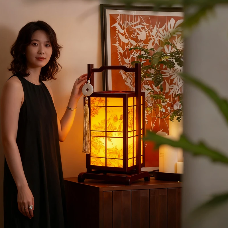 宋氏美学2025新款台灯中式实木床头柜灯复古中古风手提木头灯国风