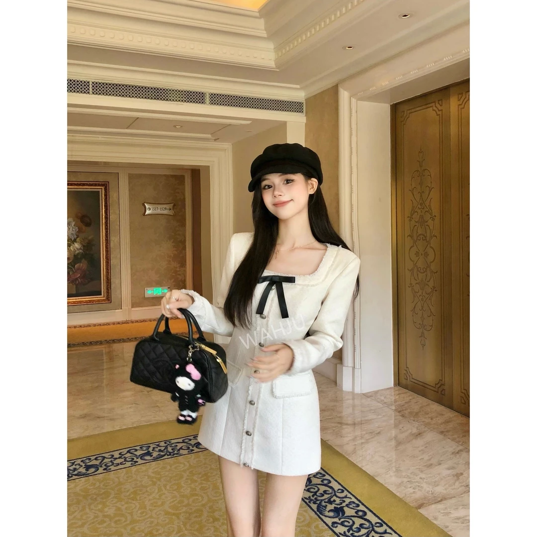 画解WAHJU【奥奈千金】早秋蝴蝶结千金风气质修身杏色连衣裙000000