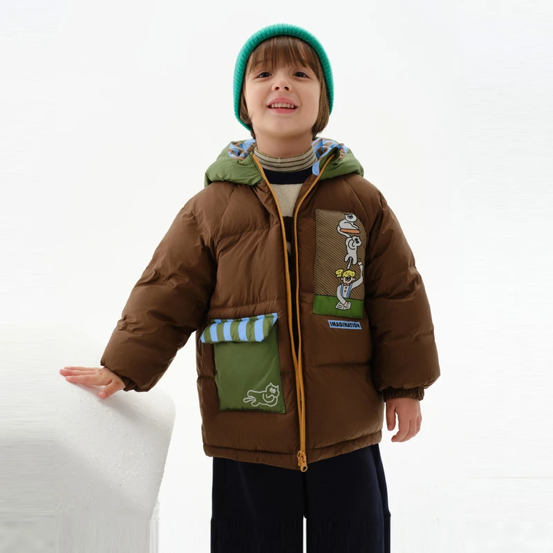 马拉丁童装儿童羽绒服冬装款男女小童印花轻暖舒适中长羽绒服