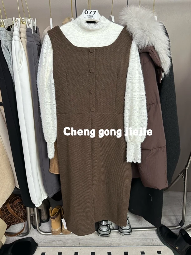 气质磨毛蕾丝打底撞色两件式连衣裙077
