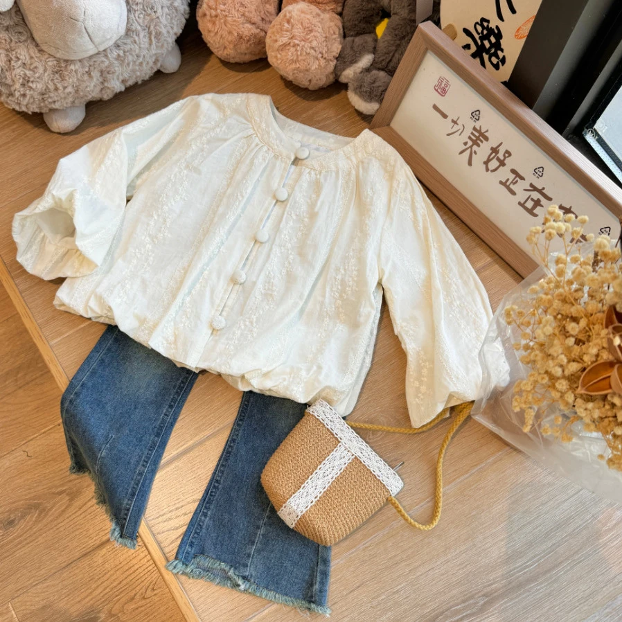 女童装春秋装蕾丝衬衫25新款儿童秋季韩版泡泡袖女宝宝上衣