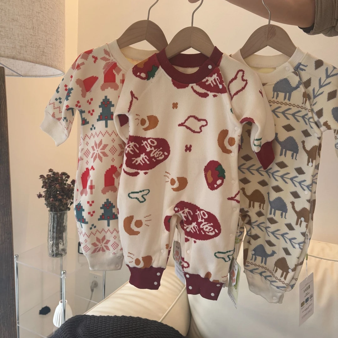 【晨妈】针织加绒偏开婴幼儿连身衣宝宝打底无骨新生儿连体衣