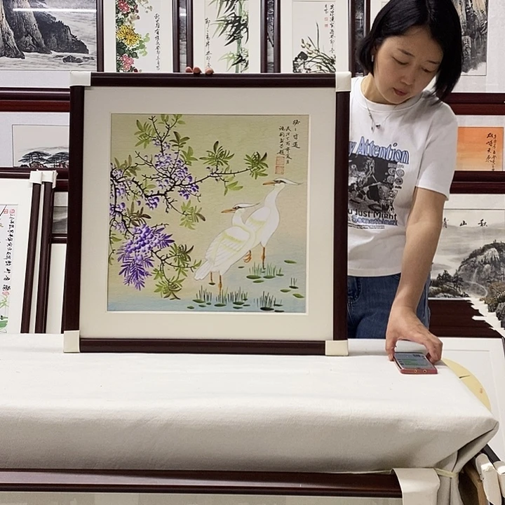 国画手绘带框发货65×65