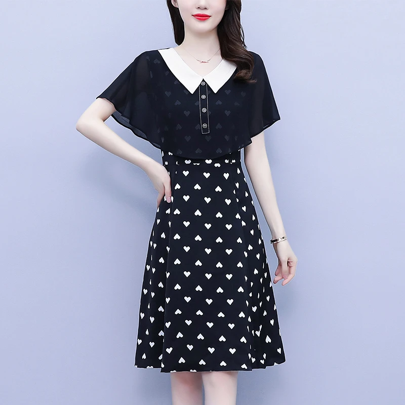 夏季新款大码假两件短袖连衣裙雪纺拼接爱心印花胖mm中长款裙子