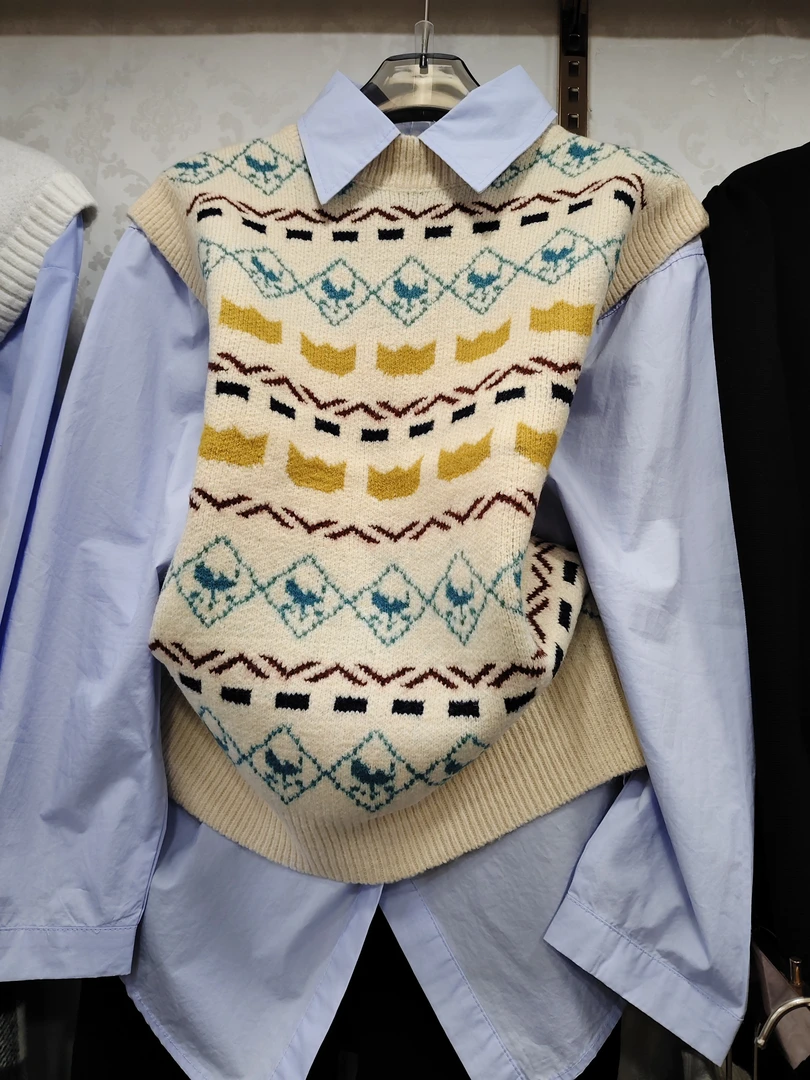 拼色韩版时尚卡通动漫无袖宽松毛针织衫休闲套头秋季上衣