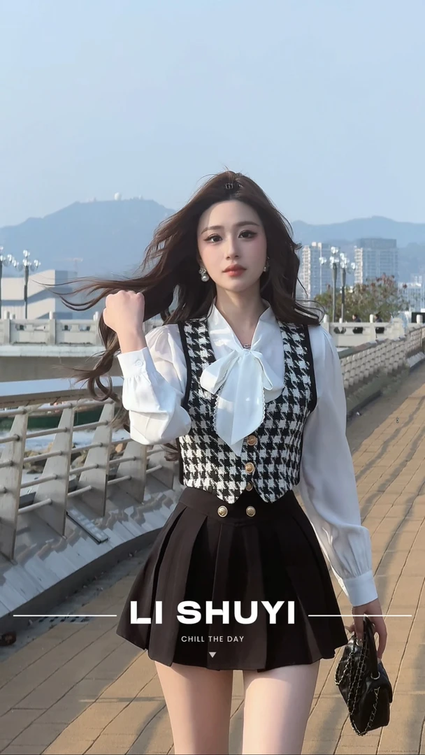 【LS】富家千金早春千鸟格马甲蝴蝶结衬衫丝绒短裙套装2356