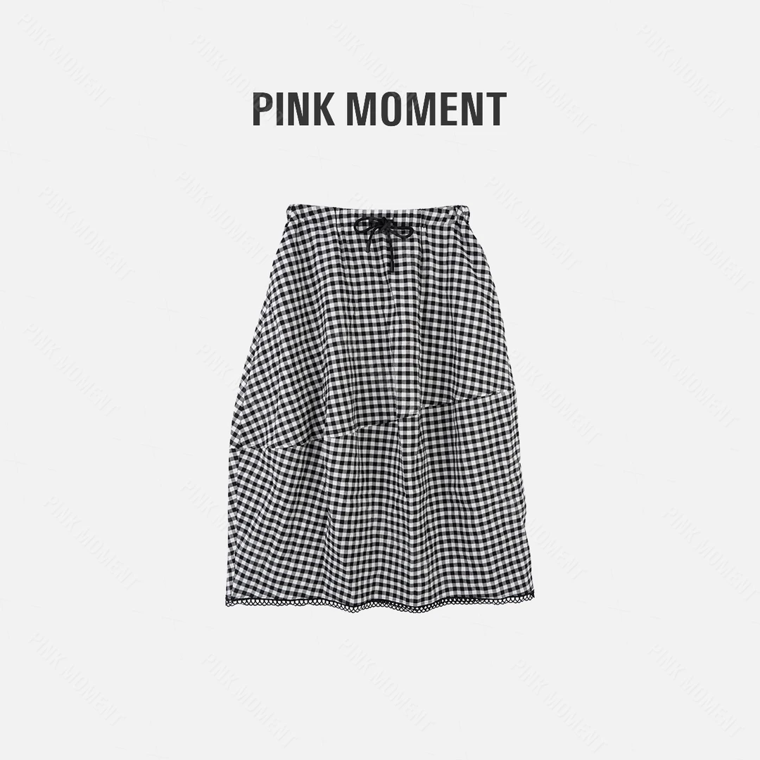 PM王囡囡 黑白格子苎麻抽绳松紧腰花边半身裙（有内衬） ND1B1027