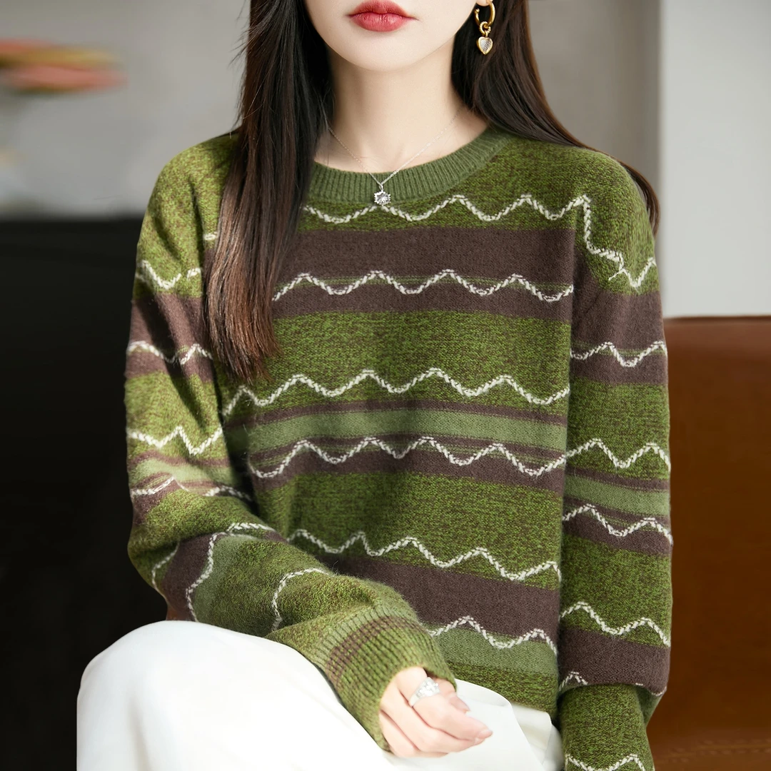 复古条纹纯100羊毛衫女秋冬慵懒风显白宽松毛衣内搭羊绒打底衫女