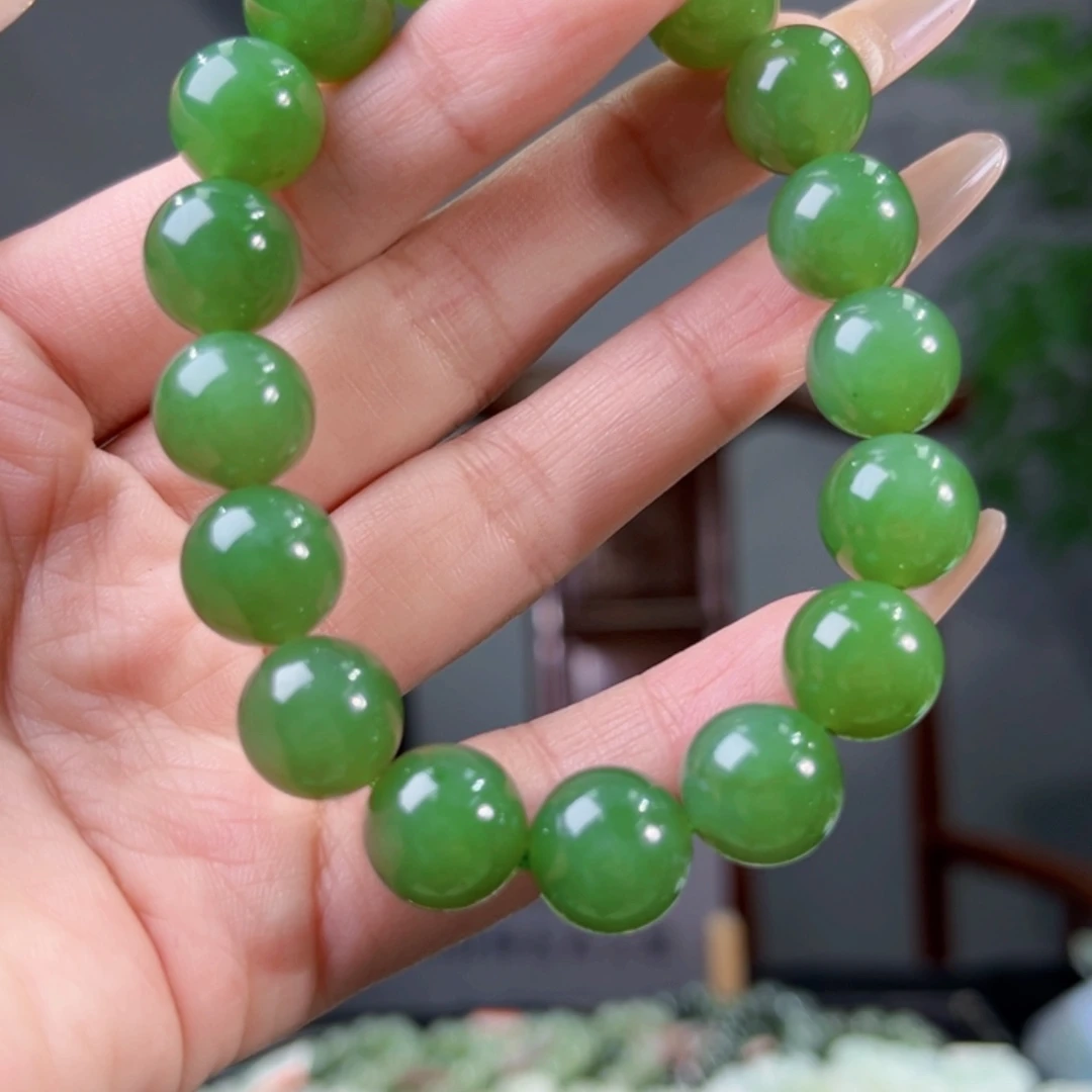 和田玉未镶嵌手链纯天然和田玉俄罗斯碧玉果阳绿卡12