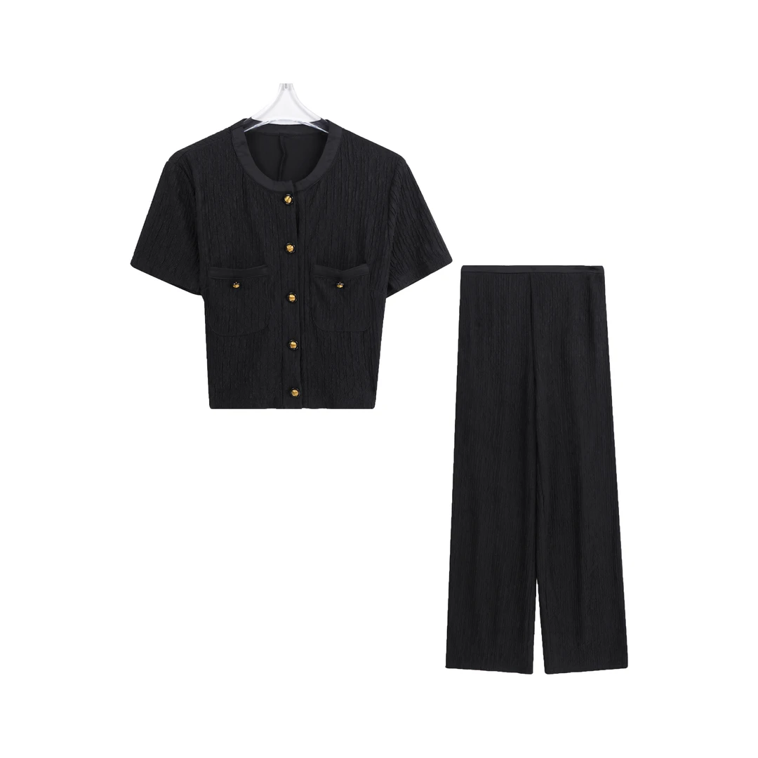夏季气质显瘦法式短袖阔腿裤休闲两件套A64029