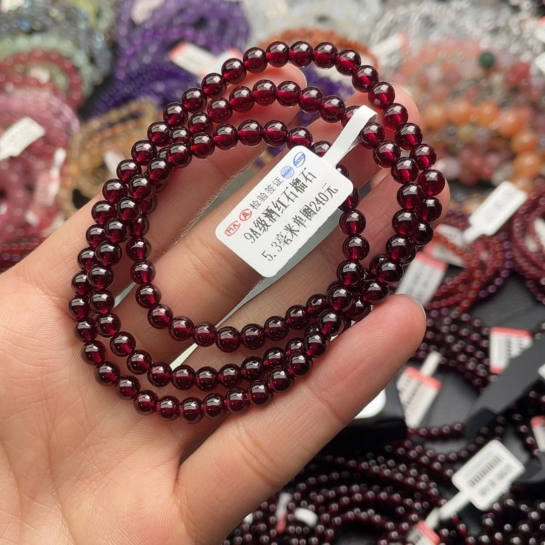 石榴石手链未镶嵌@***马5.3毫米三圈9A级酒红石榴石