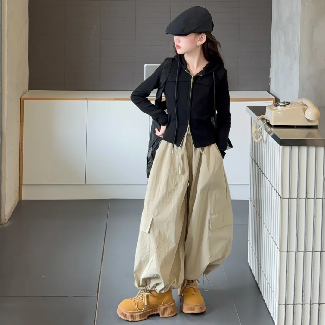 女童秋装套装2025新款儿童春秋连帽开衫外套女孩工装裤酷飒两件套