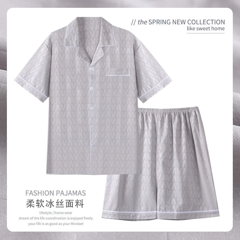 男士睡衣冰丝短袖夏季2025年新款青年简约舒适开衫宽松家居服套装