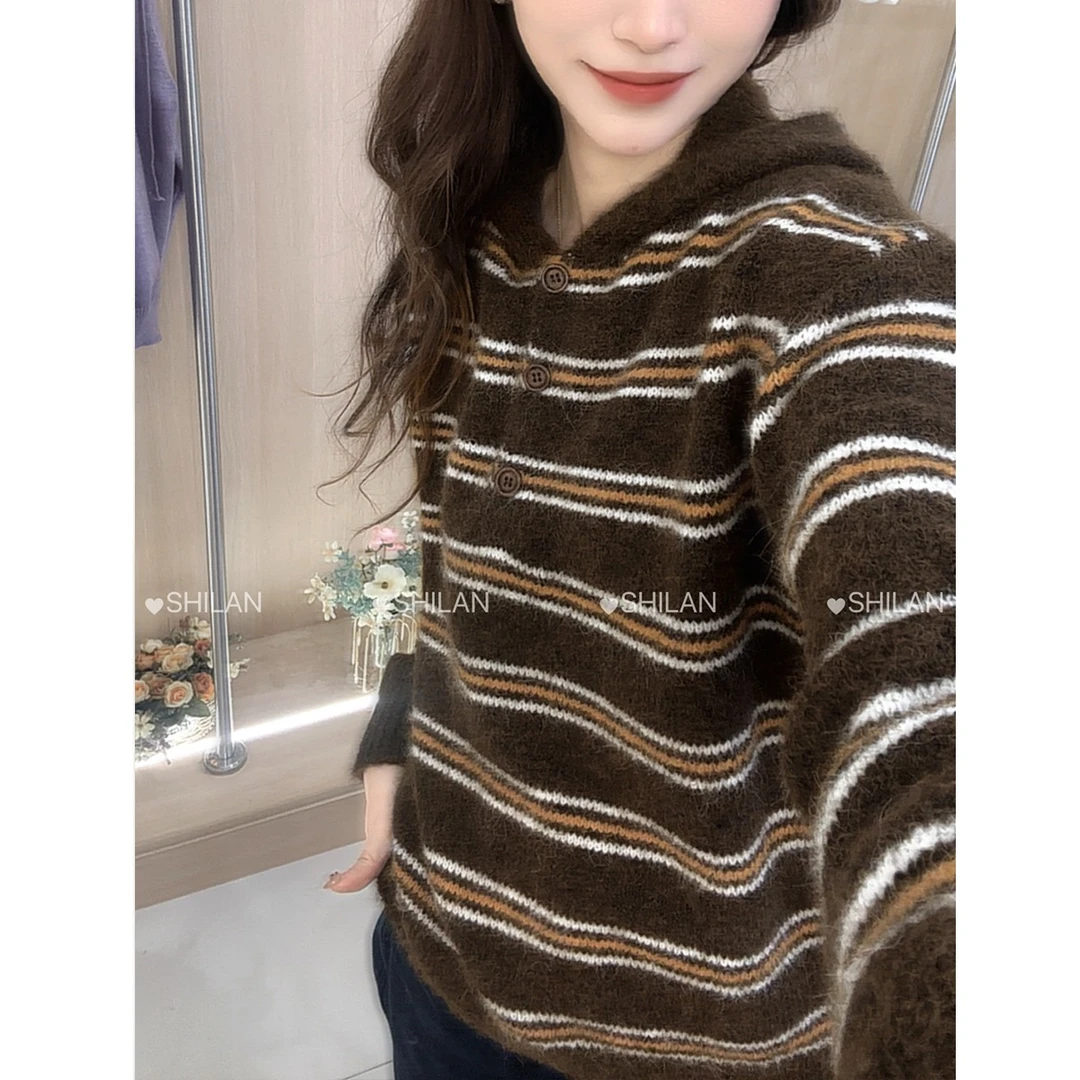 【卡布奇诺帽衫】软糯慵懒风宽松百搭条纹针织衫连帽套头加厚 帽衫