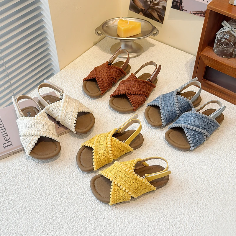 女童露趾罗马凉鞋夏季魔术贴公主鞋度假沙滩鞋韩版复古编织鞋软67
