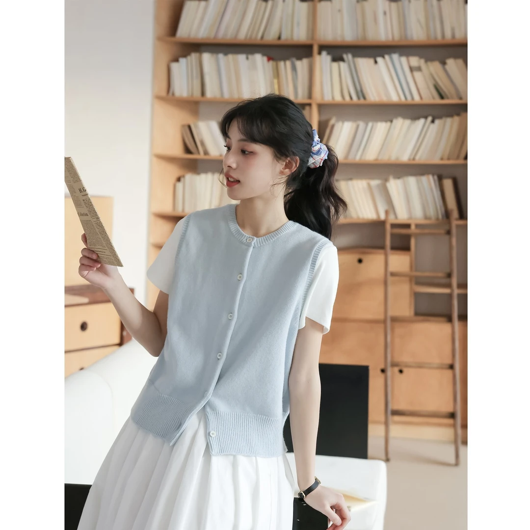 蓝色茉莉/温柔文艺 毛衣马甲女圆领针织衫背心早秋打底内搭上衣新