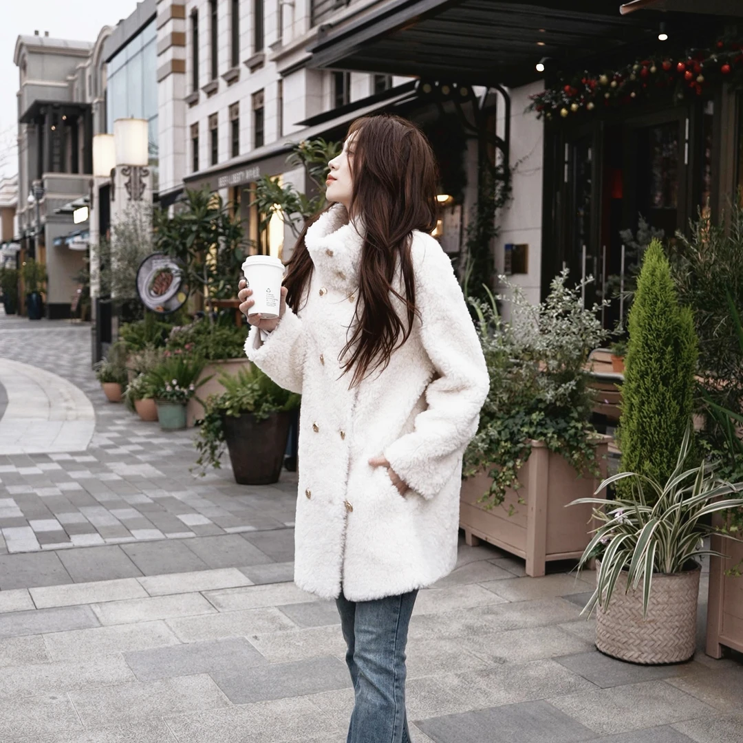 DKNY【100%羊毛】双排扣翻领女士大衣A100