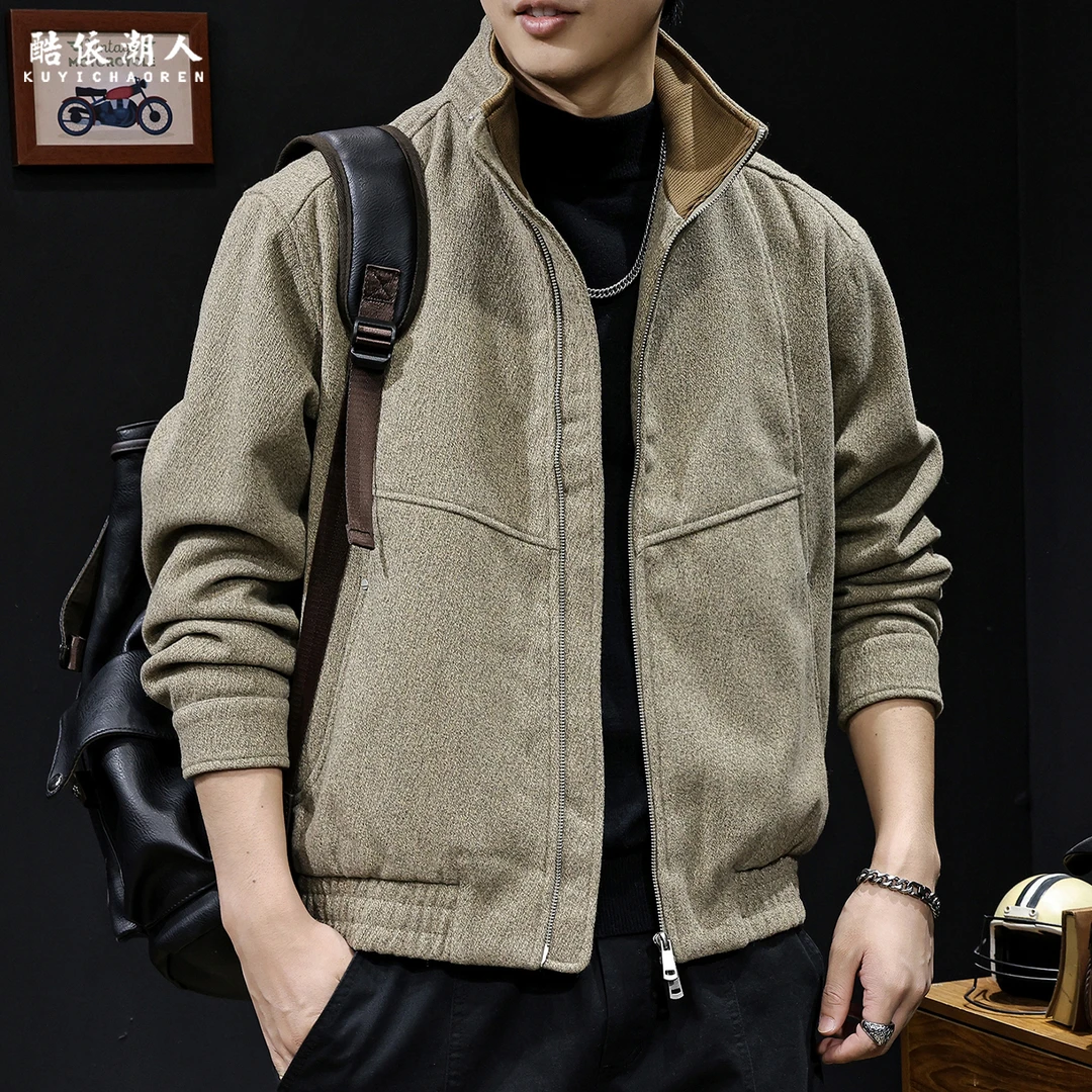 麻料呢子美式重磅立领休闲外套男士夹克2025新款秋冬潮牌大码高端