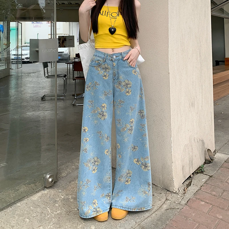 夏日浪漫黄碎花阔腿牛仔裤女夏季新款高腰慵懒宽松显瘦直筒拖地裤