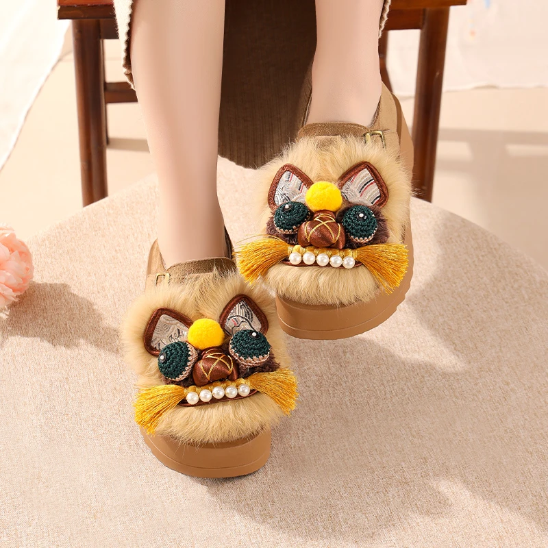 真兔毛国潮虎头鞋民族风女鞋冬季新款加绒保暖厚底棉鞋休闲勃肯鞋